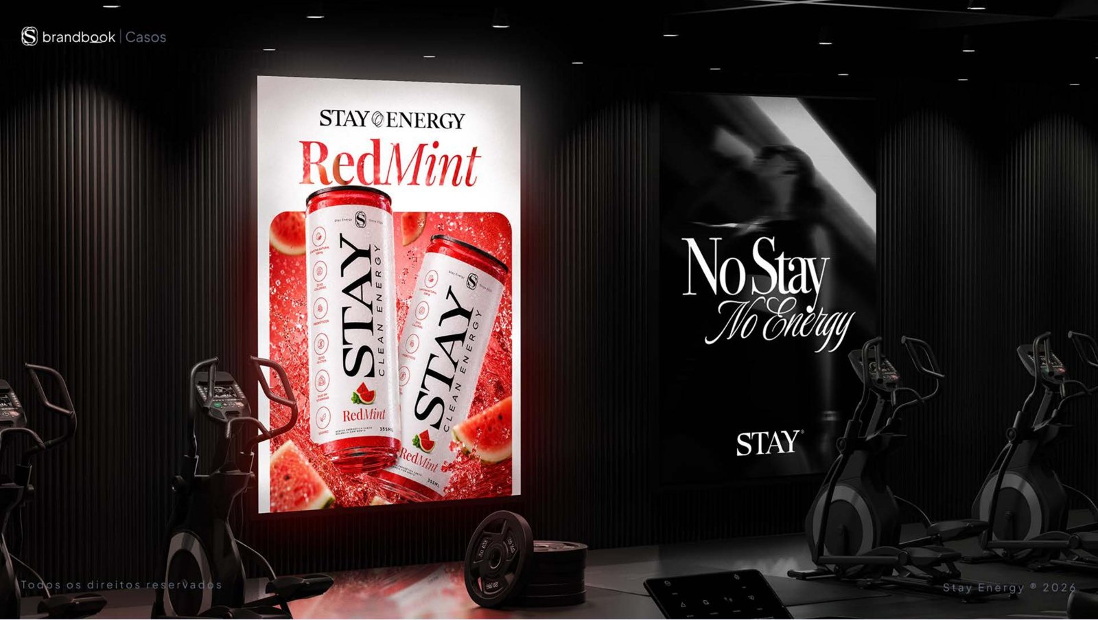 Stay Energy RedMint poster and brand campaign displayed in a gym